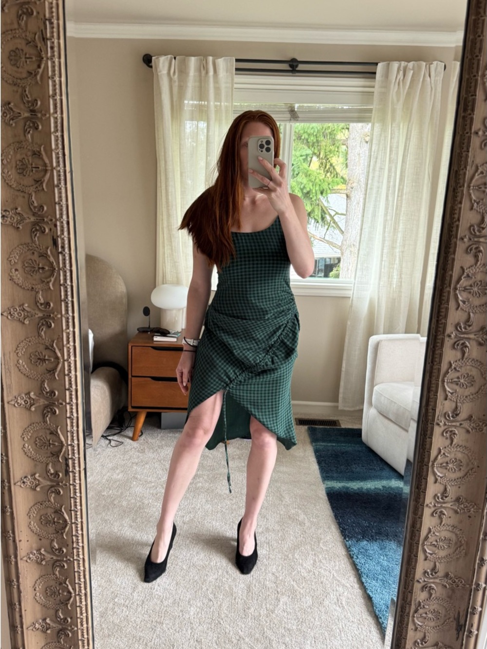 House of Harlow 1960 Green Check Ruched Midi Dress